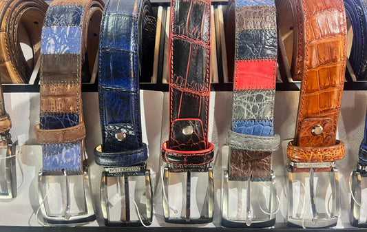 Picture of a mix of exotic alligator and crocodile belts