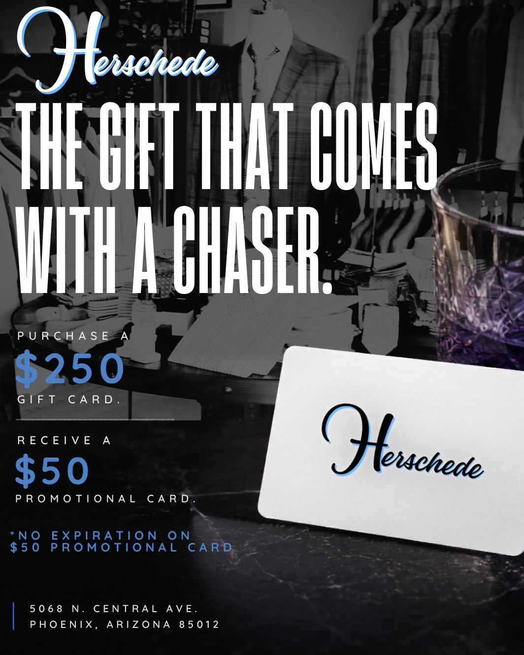 Promotional advertisement for Herschede gift cards with a black and white background.
